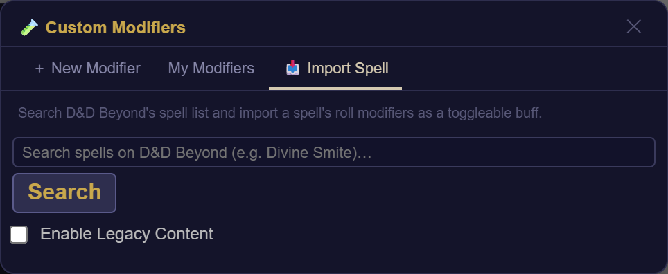 Rollwarden Import Spell tab searching D&D Beyond's spell list