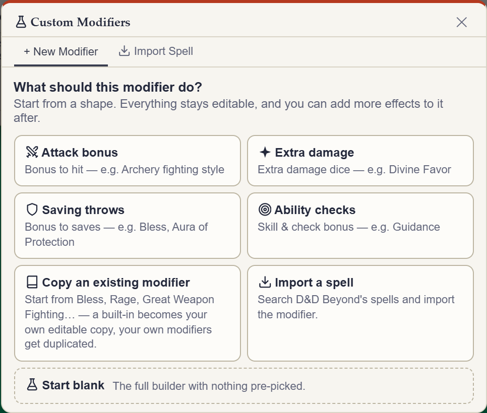 Rollwarden Custom Modifier builder with live preview and collapsible effect cards