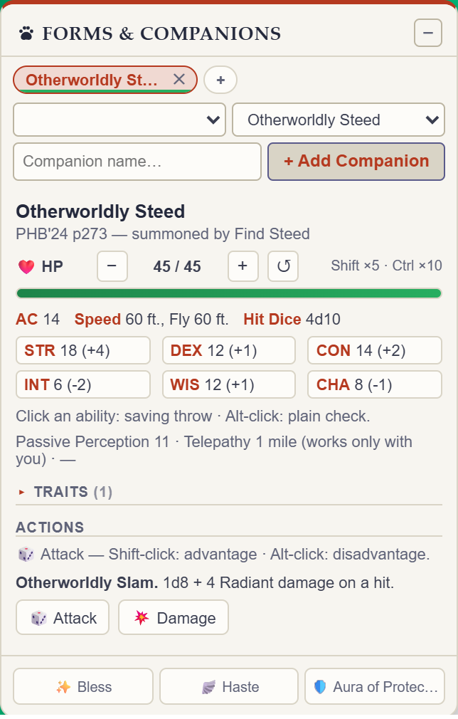 Rollwarden Companion panel showing an Otherworldly Steed stat block with HP tracking and Attack and Damage roll buttons