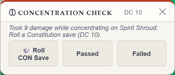 Rollwarden concentration check popup with a Roll CON Save button and one-click Passed or Failed