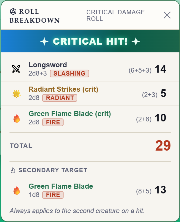 Rollwarden roll breakdown popup announcing a critical hit on a Longsword damage roll
