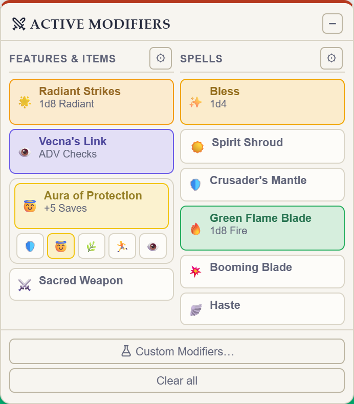 Rollwarden Active Modifiers panel showing Features & Traits and Spells columns with Radiant Strikes, Vecna's Link, Bless, Spirit Shroud, and Green Flame Blade
