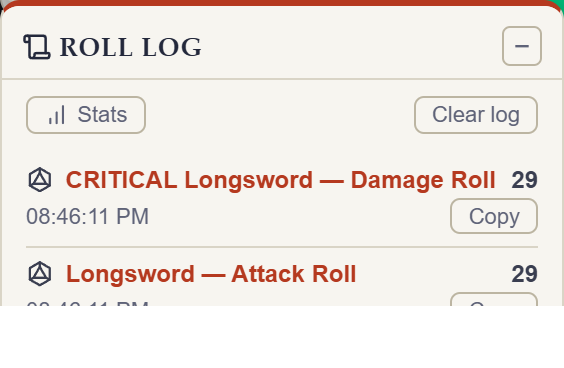 Rollwarden Roll Log panel listing recent attack and damage rolls with copy buttons