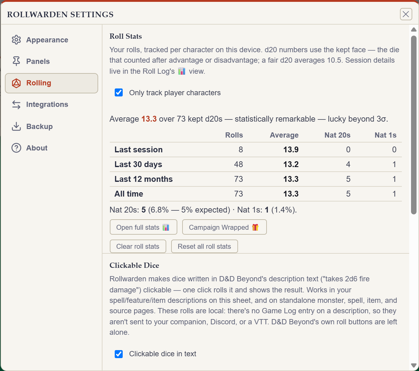Rollwarden's tabbed Settings modal on the Rolling tab, led by the new Roll Stats tables