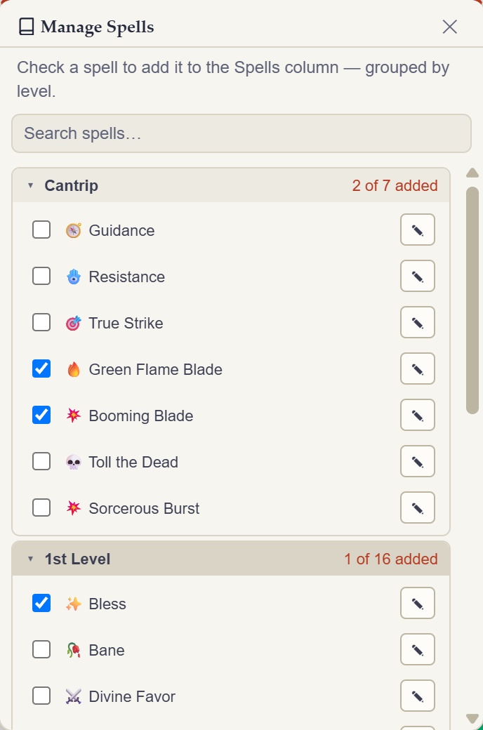 Rollwarden spell manager grouping spells by level — Cantrips and 1st Level expanded, with search and added counts