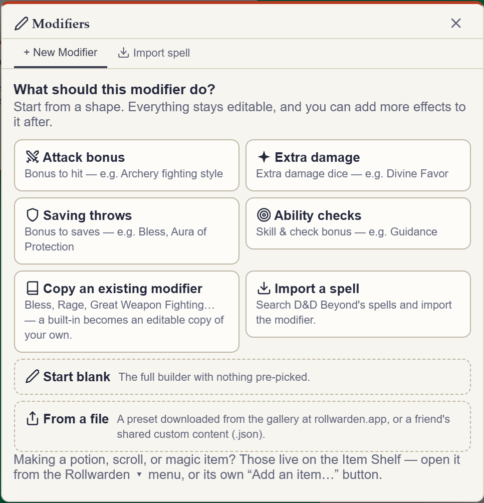Rollwarden's modifier builder start screen — pick a shape like Attack bonus or Extra damage, copy a built-in, import a spell, or start blank