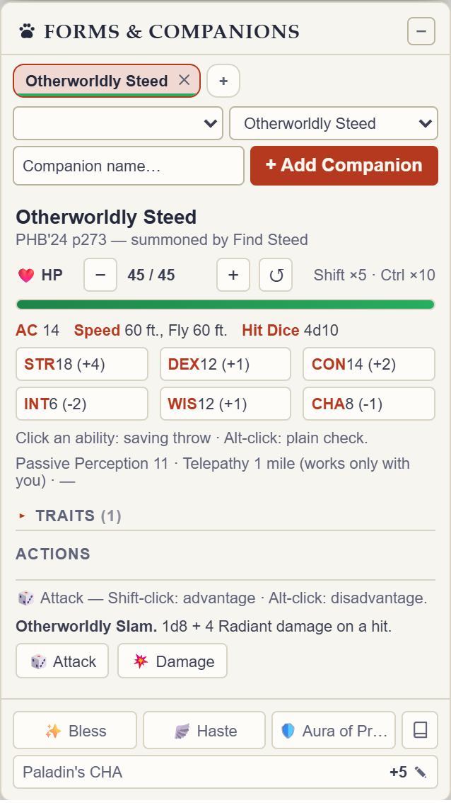 Rollwarden Companion panel showing an Otherworldly Steed stat block with HP tracking and Attack and Damage roll buttons