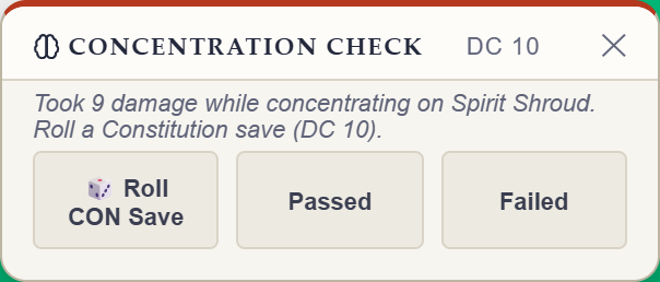 Rollwarden concentration check popup with a Roll CON Save button and one-click Passed or Failed