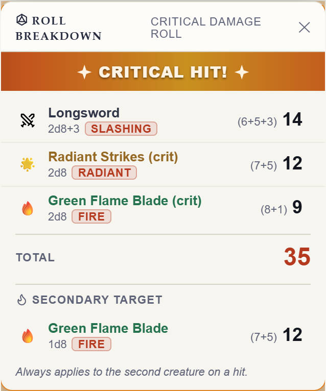Rollwarden roll breakdown popup announcing a critical hit on a Longsword damage roll