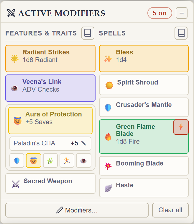 Rollwarden Active Modifiers panel showing Features & Traits and Spells columns with Radiant Strikes, Vecna's Link, Bless, Spirit Shroud, and Green Flame Blade