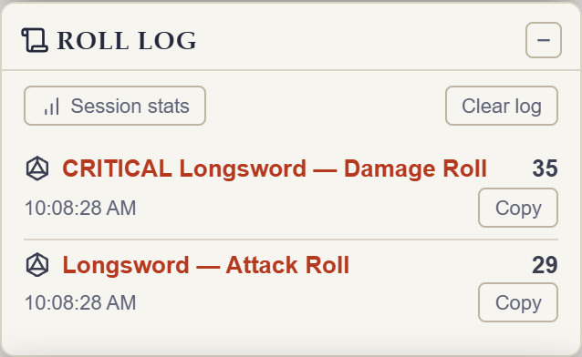 Rollwarden Roll Log panel listing recent attack and damage rolls with copy buttons