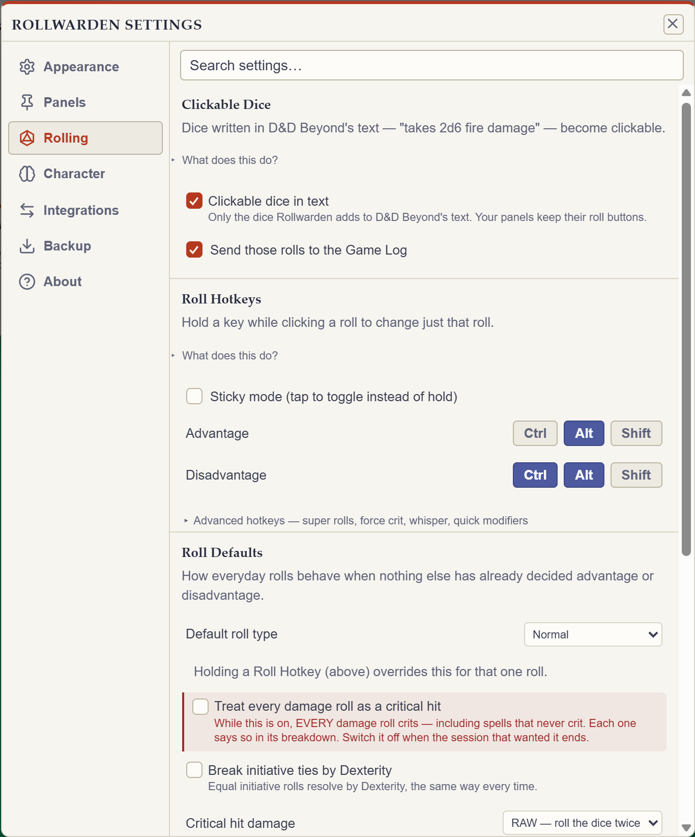 Rollwarden's tabbed Settings modal on the Rolling tab — clickable dice, roll hotkeys, and roll defaults