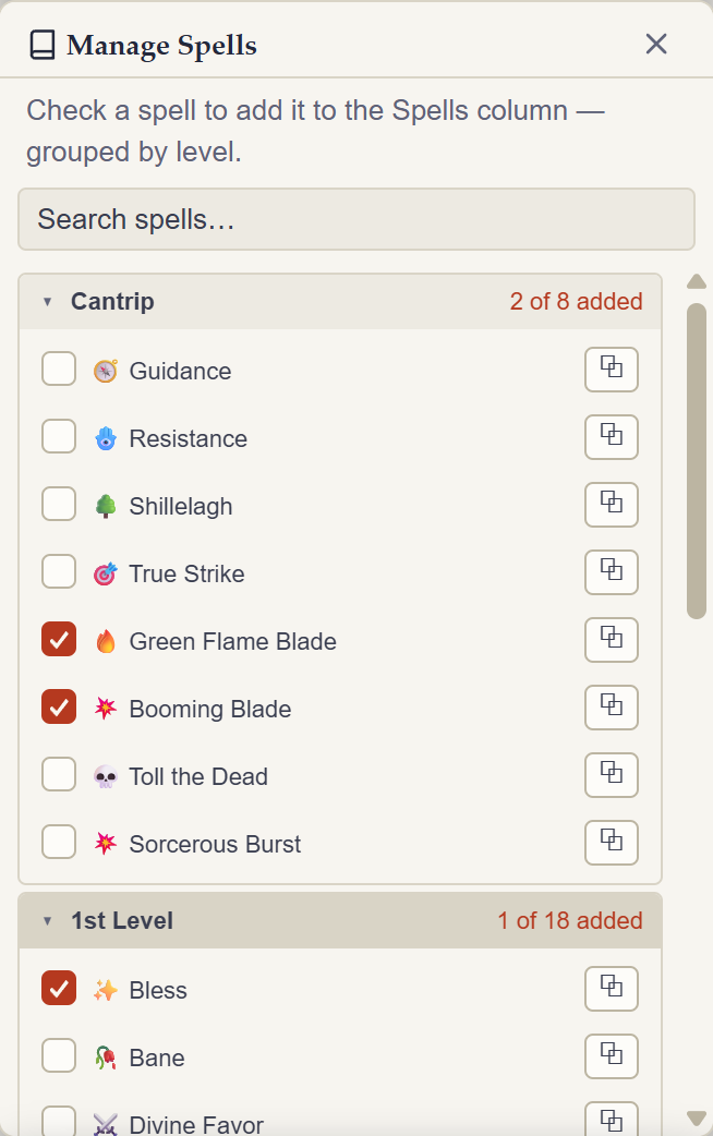 Rollwarden spell manager grouping spells by level — Cantrips and 1st Level expanded, with search and added counts